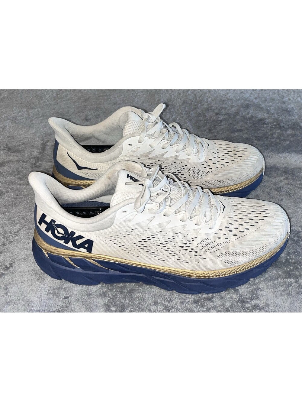 Hoka One One Clifton 7 Mens Size 10.5 Tofu Off White Blue Running Shoes Sneakers